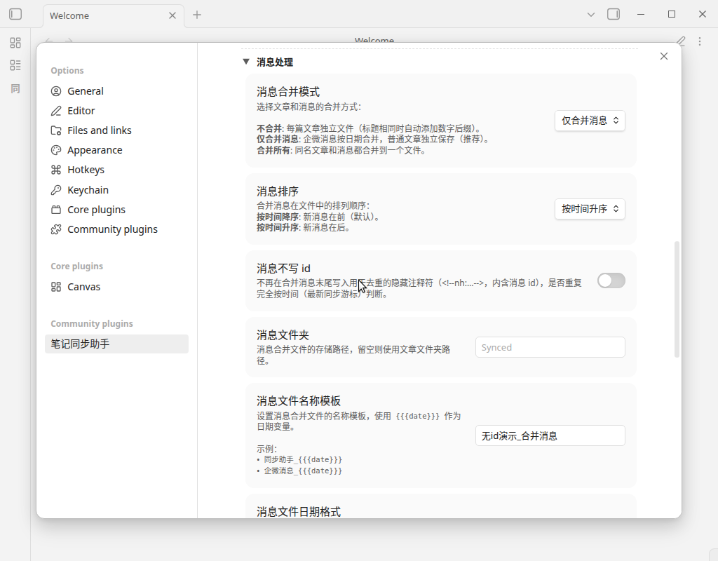 消息处理区的「消息不写 id」开关