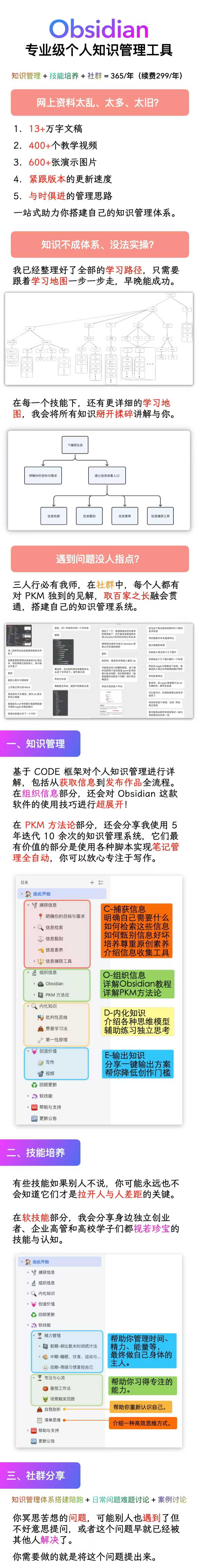 光头老师 Obsidian 专业级个人知识管理课程介绍长图：包含课程文稿量、教学视频与演示图片数量、CODE 框架与 PKM 方法论、知识管理与技能培养模块、社群答疑及续费价格等说明