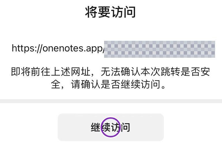 授权后的跳转提示与继续访问按钮,地址中的授权参数已打码
